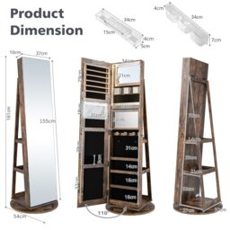 Costway Rotating Jewelry Armoire Freestanding Jewelry Cabinet w/ Full Length Mirror in Brown - thumbnail 2