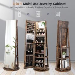 Costway Rotating Jewelry Armoire Freestanding Jewelry Cabinet w/ Full Length Mirror in Brown - thumbnail 4