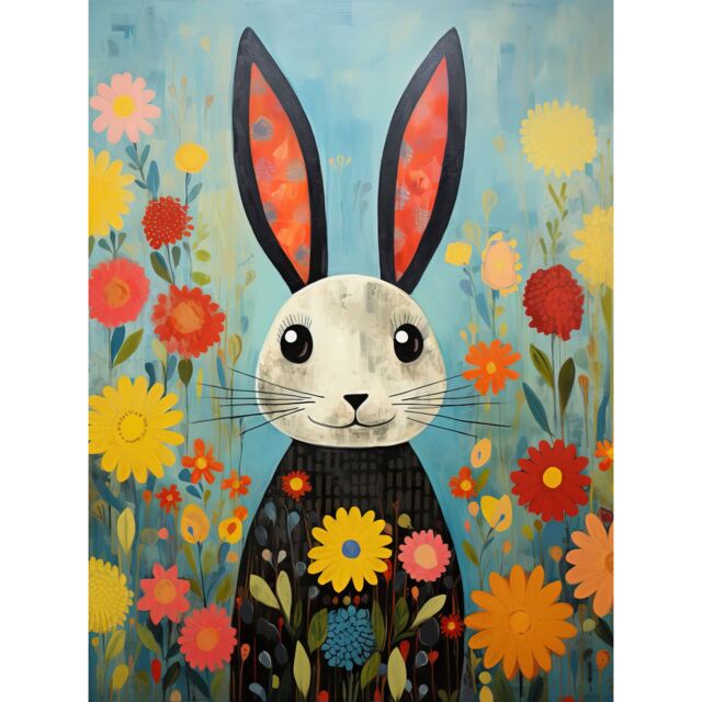 "Artery8 Wall Art Print Funny Bunny Modern Floral Rabbit Animal Artwork for Kids Bedroom or Baby Nursery Poster in Blue - Size: W18"" x H24""" - image 1