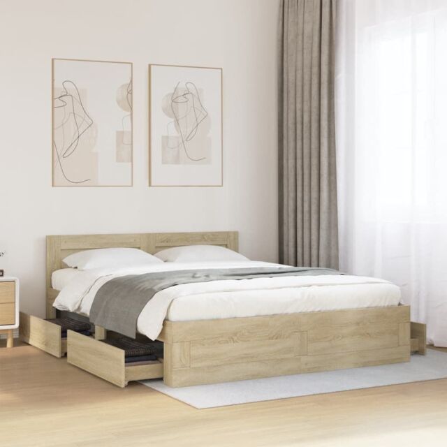 Berkfield Home Bed Frame with Headboard without Mattress Sonoma Oak 160x200 cm in Brown - image 1