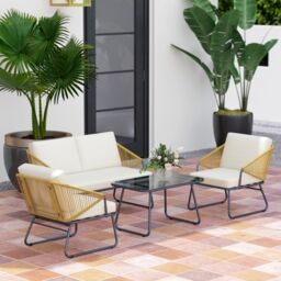 OUTSUNNY 4 Piece Rattan Garden Furniture Set with Cushions, Natural - thumbnail 1
