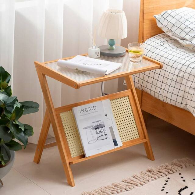 KORVIXA Bamboo Side Table Z-Shape Glass in Brown - Size: 100 cm - image 1