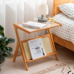 KORVIXA Bamboo Side Table Z-Shape Glass in Brown - Size: 100 cm - thumbnail 1