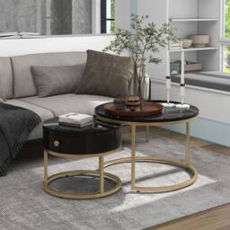 ModernLuxe Set of 2 nesting coffee tables with drawer & metal frame in Black - thumbnail 4