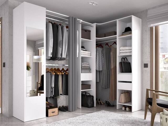 Vente-unique Corner Wardrobe With Curtain, 1 Door & Mirror - L 231 Cm - White and - image 1