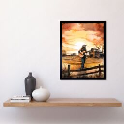 "Artery8 Wall Art Print Man Playing Country Music Guitar in Countryside Farm on Sunset Modern Watercolour Painting Art Framed - Size: W12"" x H16""" - thumbnail 2