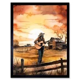 "Artery8 Wall Art Print Man Playing Country Music Guitar in Countryside Farm on Sunset Modern Watercolour Painting Art Framed - Size: W12"" x H16""" - thumbnail 1