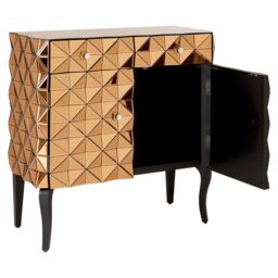 Orsina Spacious Copper Finish Cabinet, Unique Geomatric Design Sideboard Cabinet, Versatile Wooden Shelving Unit in Gold - thumbnail 5