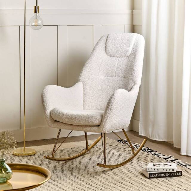 Wyld and Coco Luxe Living Rocking Chair Off-White Boucle Gold-Coloured Legs in White - image 1