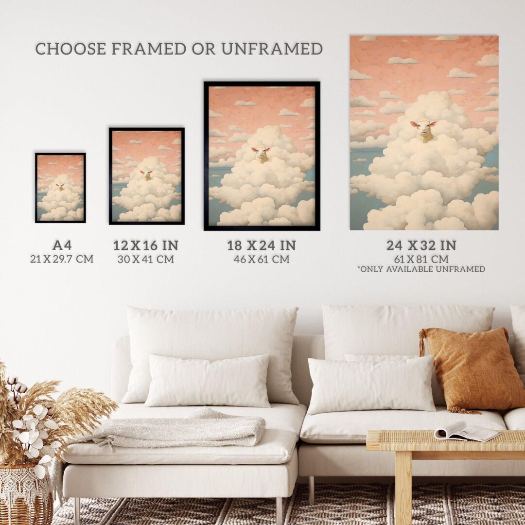Wall Art Print Head In The Clouds Sheep Fun Blue Pink Living Room - Main Image