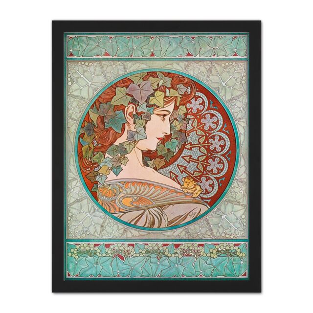 "Artery8 Wall Art Print Mucha Laurel 1901 Large Framed Wall Décor Art in Brown - Size: W18"" x H24""" - image 1