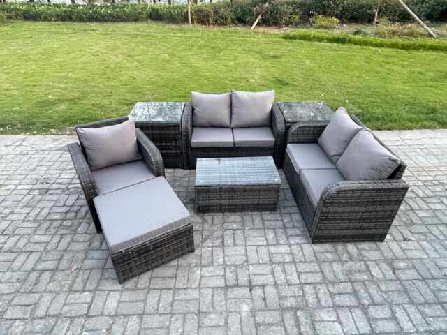 Fimous High Back Rattan Garden Furniture Set w/ Loveseat Sofa Rectangular Coffee Table 2 Side Tables Big Footstool Indoor Outdoor Patio Lounge Sofa - image 1