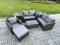 Fimous High Back Rattan Garden Furniture Set w/ Loveseat Sofa Rectangular Coffee Table 2 Side Tables Big Footstool Indoor Outdoor Patio Lounge Sofa - thumbnail 2