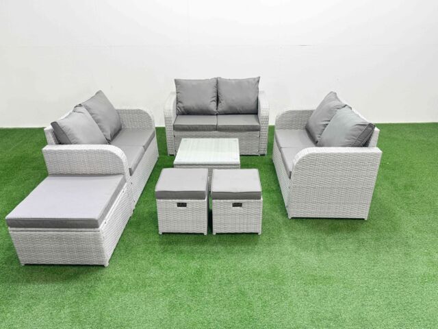 Fimous 9 Seater PE Wicker Rattan Furniture Sofa Sets with Square Coffee Table 2 Seater Love Sofa 3 Stool Light Grey - image 1