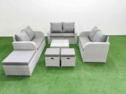 Fimous 9 Seater PE Wicker Rattan Furniture Sofa Sets with Square Coffee Table 2 Seater Love Sofa 3 Stool Light Grey - thumbnail 1