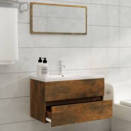 Berkfield Home Sink Cabinet with Built-in Basin Smoked Oak Engineered Wood in Brown - thumbnail 1