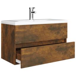 Berkfield Home Sink Cabinet with Built-in Basin Smoked Oak Engineered Wood in Brown - thumbnail 4