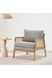 Minimalist Fabric Rattan Wooden Armchair in Light Grey