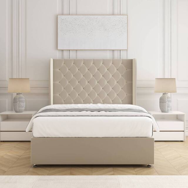 "BSSPOKE Amelia Divan Bed Set Plush Velvet 54"" Headboard & Mattress No Drawers in Cream - Size: Single" - image 1