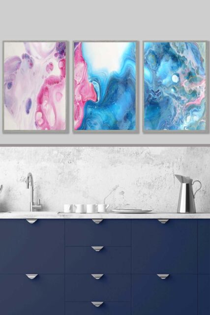ARTZE Set of 3 Light Grey Framed Abstract Fluid Marble in Blue & Pink Wall Art - Size: W33 cm x H45 cm x D20mm - image 1