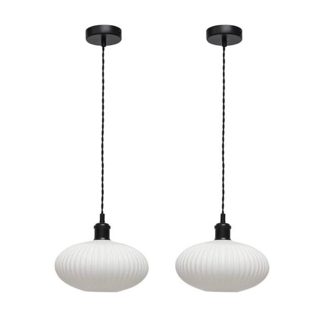 First Choice Lighting Set of 2 Baton - White Ribbed Oval Glass Black Retro Pendant Fittings - image 1