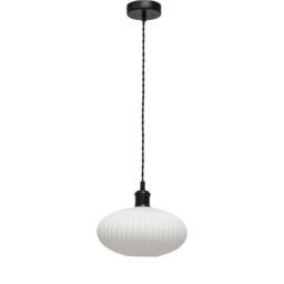 First Choice Lighting Set of 2 Baton - White Ribbed Oval Glass Black Retro Pendant Fittings - thumbnail 2