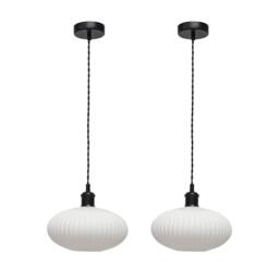 First Choice Lighting Set of 2 Baton - White Ribbed Oval Glass Black Retro Pendant Fittings - thumbnail 1