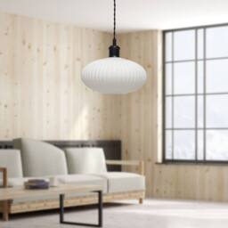 First Choice Lighting Set of 2 Baton - White Ribbed Oval Glass Black Retro Pendant Fittings - thumbnail 5