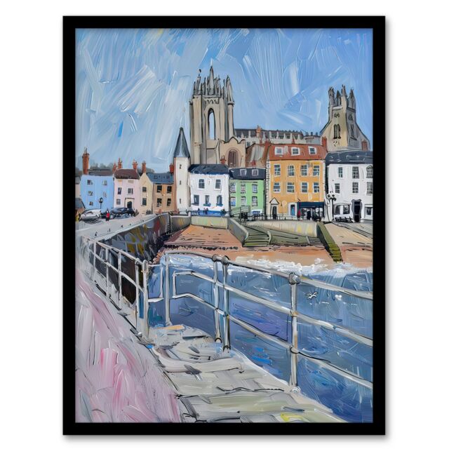 "Artery8 Bridlington Pier Shore Painting Yorkshire Sunny Framed Art Print in Blue - Size: W12"" x H16""" - image 1