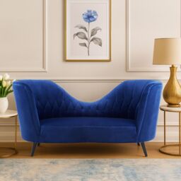Orsina Midnight Blue Velvet Chaise Lounge, Quilted Curved Backrest Chaise with Hardwood Legs, Velvet Lounge Chair - thumbnail 1
