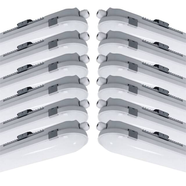 First Choice Lighting Set of 12 Anti Corrosive IP65 Outdoor 18W LED Cool White 4ft Battens in Grey