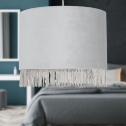 First Choice Lighting Fringed - Silvery Grey 23cm Fringed Velvet Pendant Shade in Silver - thumbnail 4