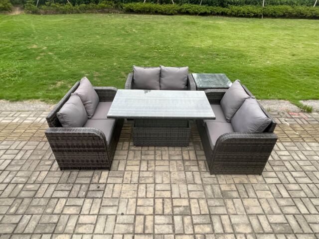 Fimous Outdoor Rattan Furniture Garden Dining Set Height Adjustable Rising lifting Table With 3 PC Love Sofa Side Table in Dark Grey - image 1