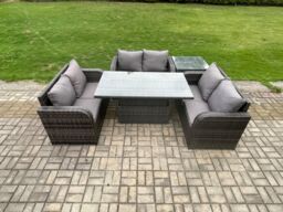 Fimous Outdoor Rattan Furniture Garden Dining Set Height Adjustable Rising lifting Table With 3 PC Love Sofa Side Table in Dark Grey - thumbnail 2