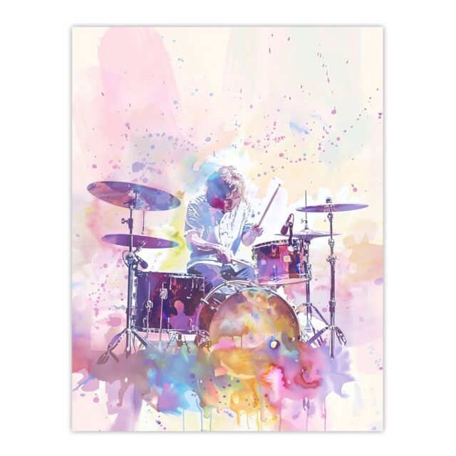 "Artery8 Rainbow Modern Watercolour Portrait Drummer Drums Wall Art Print in Purple - Size: W24"" x H32""" - image 1