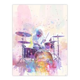 "Artery8 Rainbow Modern Watercolour Portrait Drummer Drums Wall Art Print in Purple - Size: W24"" x H32""" - thumbnail 1