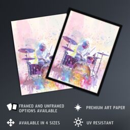 "Artery8 Rainbow Modern Watercolour Portrait Drummer Drums Wall Art Print in Purple - Size: W24"" x H32""" - thumbnail 2