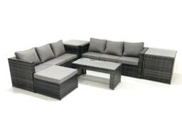 Fimous Garden Outdoor Rattan Furniture Set with Sofa Coffee table Big Footstool 2 Side Tables Dark Grey Mixed - thumbnail 2