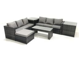 Fimous Garden Outdoor Rattan Furniture Set with Sofa Coffee table Big Footstool 2 Side Tables Dark Grey Mixed - thumbnail 1