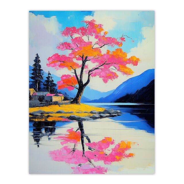 "Artery8 Cherry Blossom Tree by Lake Coastal Landscape Wall Art Print - Size: W24"" x H32""" - image 1