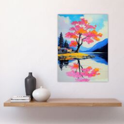 "Artery8 Cherry Blossom Tree by Lake Coastal Landscape Wall Art Print - Size: W24"" x H32""" - thumbnail 4