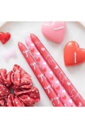 KDMD Set of 3 Power Bow & Heart Taper Candles in Red