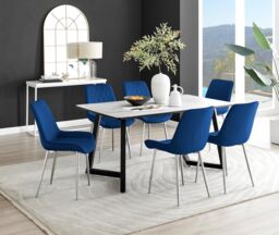 FurnitureboxUK Carson White Marble Effect Dining Table & 6 Pesaro Silver Chairs in Navy