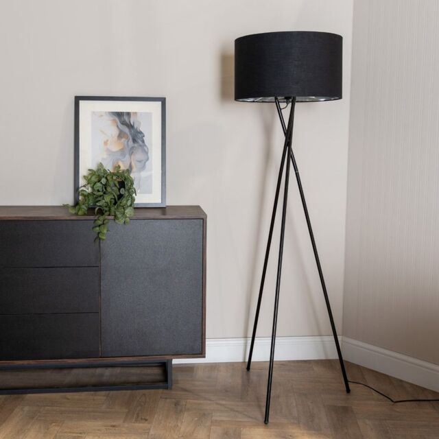 ValueLights Camden Black Metal Tripod Floor Lamp with Black & Chrome Lamp Shade - image 1