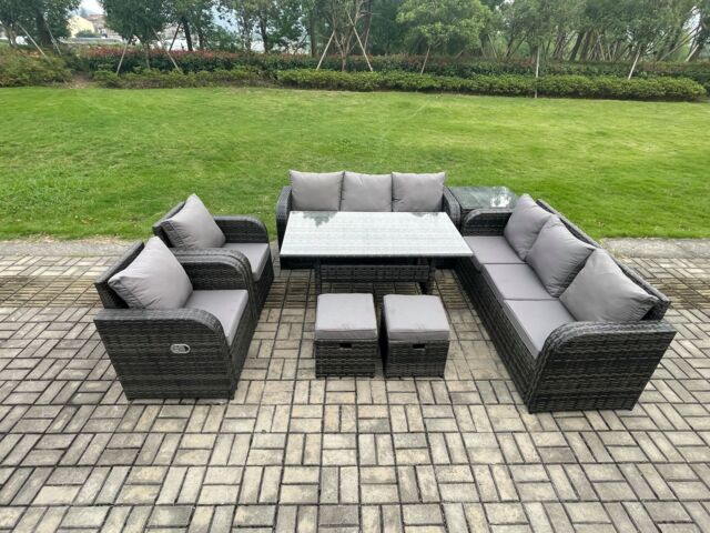 Fimous Outdoor Garden Patio Furniture Wicker Rattan Oblong Rectangular Dining Table & Lounge Sofa set with Side Table 2 Small Footstool in Dark Grey - image 1