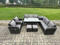 Fimous Outdoor Garden Patio Furniture Wicker Rattan Oblong Rectangular Dining Table & Lounge Sofa set with Side Table 2 Small Footstool in Dark Grey - thumbnail 1