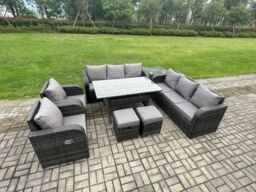 Fimous Outdoor Garden Patio Furniture Wicker Rattan Oblong Rectangular Dining Table & Lounge Sofa set with Side Table 2 Small Footstool in Dark Grey - thumbnail 2
