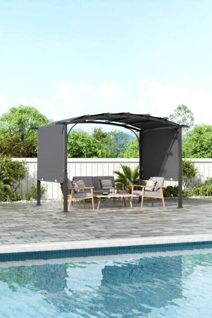 Garden Sanctuary Retractable Arc-Shaped Steel Pergola with Canopy in Black - image 1