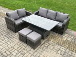 Fimous Outdoor Rattan Garden Furniture Sets Height Adjustable Rising lifting Dining Table Lounge Sofa Set With Love Sofa in Dark Grey - thumbnail 2