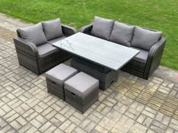 Fimous Outdoor Rattan Garden Furniture Sets Height Adjustable Rising lifting Dining Table Lounge Sofa Set With Love Sofa in Dark Grey - thumbnail 1